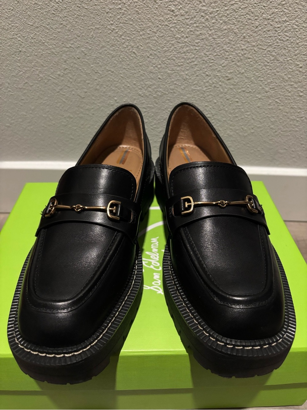 Sam Edelman Black Leather Loafers with Gold Horsebit